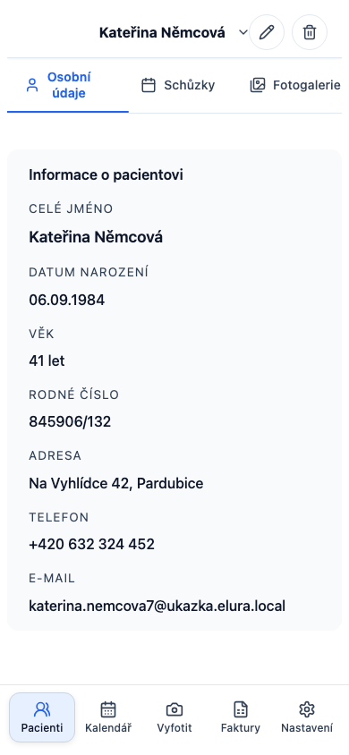 Mobilní rozložení zobrazující kartu pacientky Kateřiny Němcové v aplikaci Elura