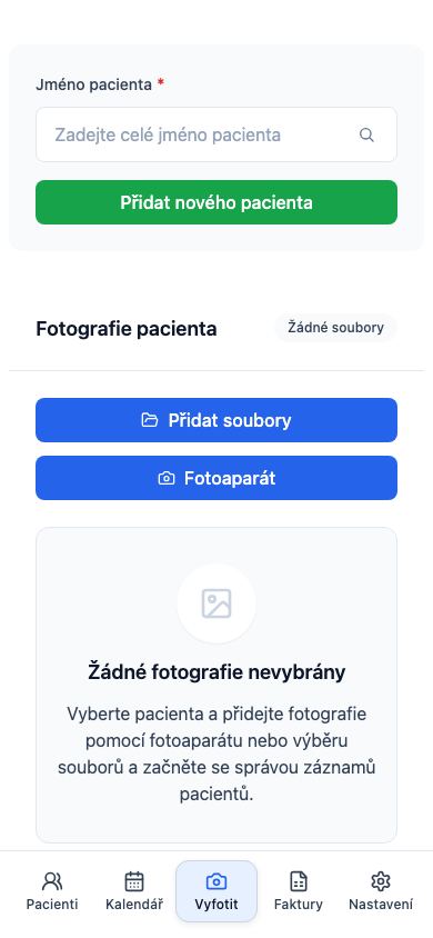 Obrazovka fotodokumentace připojená k aktivní návštěvě pacienta